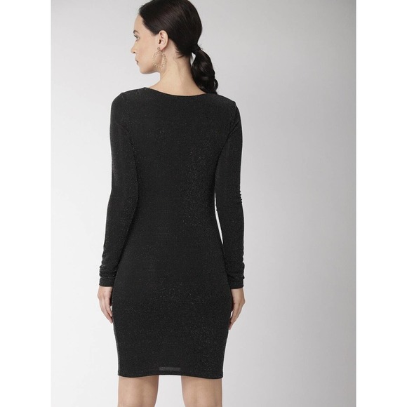 Forever 21 Sz. S Black Self-Design Shimmery Bodycon Dress V-Neck Long Sleeve NWT - Picture 4 of 12